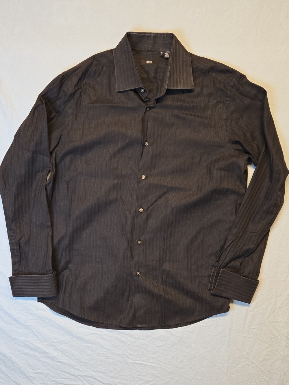 Hugo Boss Dark Black Pinstripe Button Down Casual Dress Shirt